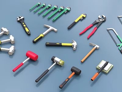 Industrial Tools Collection With Hammers Wrenches Pliers And Saws On Blue Background 3d model