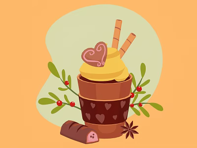 Creamy Dessert Cup Topped With Heart Decoration Waffle Sticks And Green Leaves Red Berries 3d model