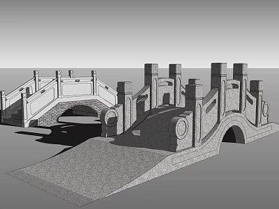 Waterfront Landscape Design Featuring Arched Stone Bridge With Decorative Stone Railings And Pathway 3d model