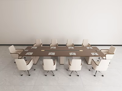 Modern Minimalist Conference Room Interior With Long Table And White Chairs 3d model