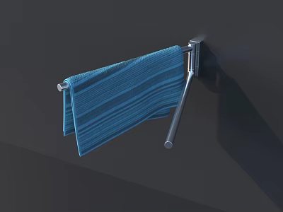Blue Striped Towel Hanging On Metal Towel Rack Against Dark Wall 3d model