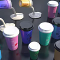 Colorful Coffee Cups With Different Lids And Various Designs On Table 3d model
