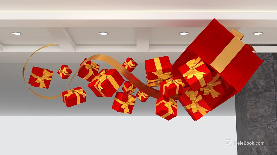 Flying Red Gift Boxes With Golden Ribbons From Red Gift Box Under White Ceiling Lights 3d model 