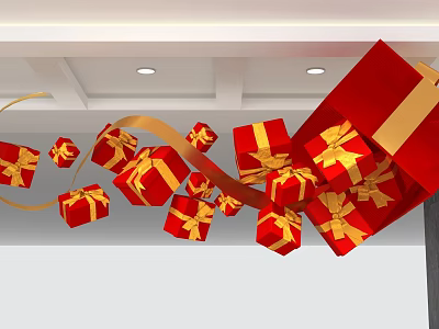Flying Red Gift Boxes With Golden Ribbons From Red Gift Box Under White Ceiling Lights 3d model