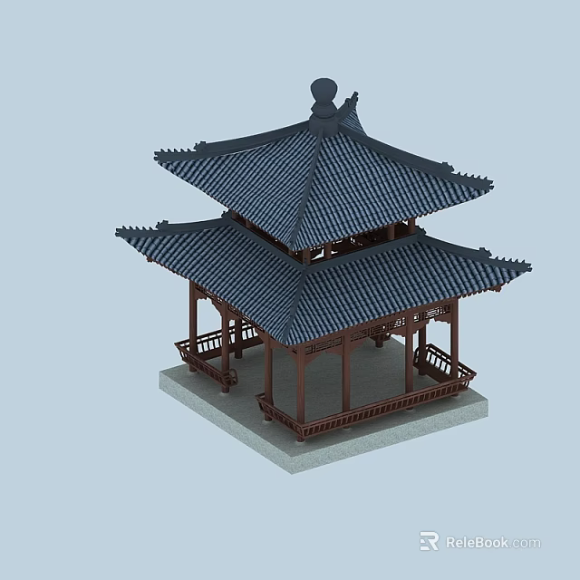 Traditional Chinese Pavilion With Double Layered Roof Curved Eaves And Wooden Railings 3d model 