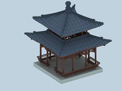 Traditional Chinese Pavilion With Double Layered Roof Curved Eaves And Wooden Railings 3d model