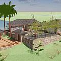 Detached Villa With River View Palm Trees Stone Walls Terrace And Pavilion On Lawn