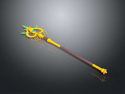 Enchanted Yellow Magic Staff With Brown Handle And Blue Star Decorations 3d model