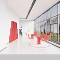 Modern Front Desk Reception Area With Large Windows Mountain View Red Decor And White Flooring