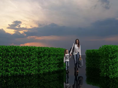Path Between Lush Green Bushes With Mother And Child Walking Under Sunset Sky Reflections 3d model