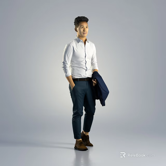 Man Dressed in White Shirt and Dark Pants Holding Dark Blue Jacket Against Gray Background 3d model 