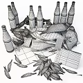 Dried Fish and Beer Bottles Displayed with Newspaper and Small Fish
