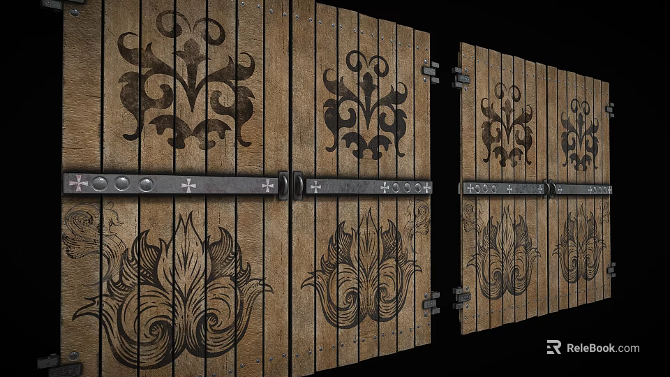 Rustic Wooden Door With Intricate Carved Decorative Patterns And Metal Hinges 3d model 