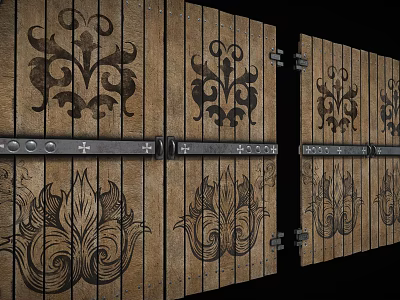 Rustic Wooden Door With Intricate Carved Decorative Patterns And Metal Hinges 3d model