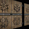 Rustic Wooden Door With Intricate Carved Decorative Patterns And Metal Hinges