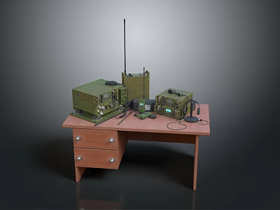 Military Radio Equipment on Wooden Desk with Multiple Devices Antenna and Cables 3d model
