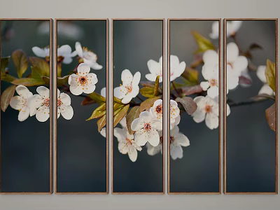 Four Panel Botanical Plant Painting with White Flowers Green Leaves and Wooden Frames 3d model