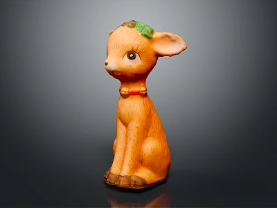 Cute Brown Deer Figurine With Green Leaf Decoration And Red Collar Bell On Dark Background 3d model