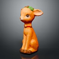 Cute Brown Deer Figurine With Green Leaf Decoration And Red Collar Bell On Dark Background