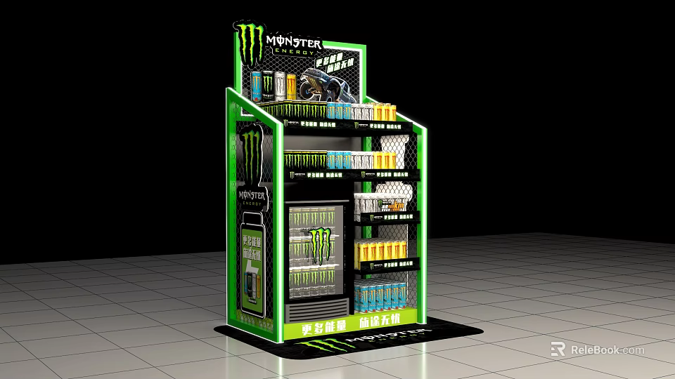 Monster Energy Beverage Display Shelf With Multiple Layers And Green Black Design 3d model 