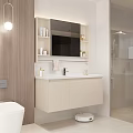 Modern Bathroom Interior With Wooden Walls Hanging Lights Vanity Beige Cabinets And Bathtub