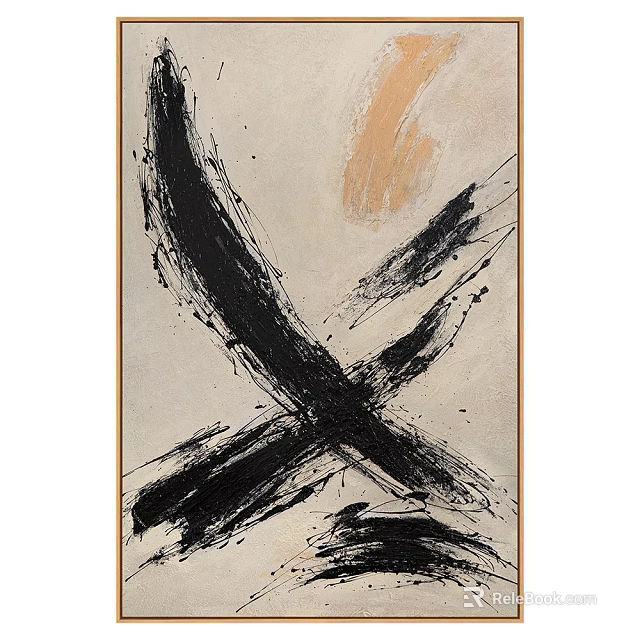 Abstract Painting With Dynamic Crossing Black Brushstrokes And Warm Orange Hue 3d model 