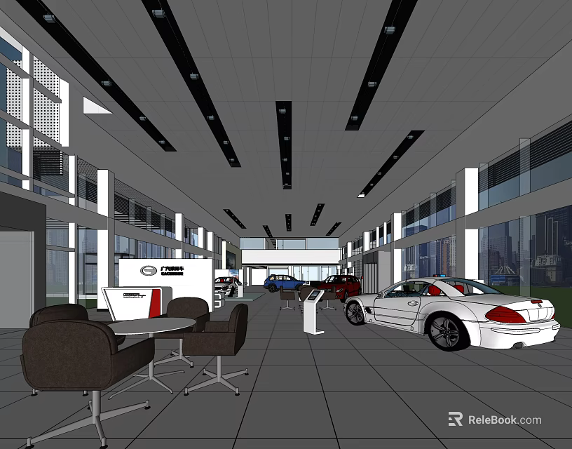 Modern Car Dealership Showroom With Display Cars Reception Area And Brand Signage 3d model 