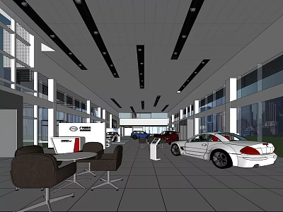 Modern Car Dealership Showroom With Display Cars Reception Area And Brand Signage 3d model