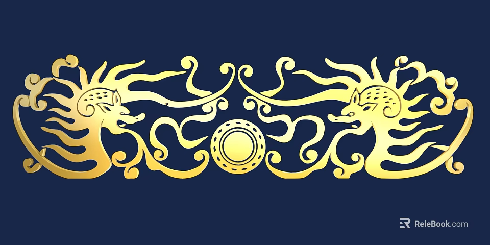 Golden Dragon Carving With Symmetric Scroll Patterns And Circular Ornament On Dark Blue Background 3d model 