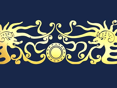 Golden Dragon Carving With Symmetric Scroll Patterns And Circular Ornament On Dark Blue Background 3d model
