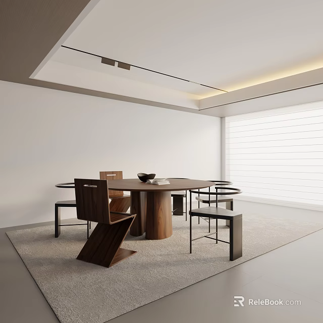 Minimalist Round Dining Table Set With Wooden Chairs And Bright Window Light 3d model