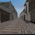 Traditional Commercial Street with Classic Architecture Stone Paved Road and Wooden Shop Fronts