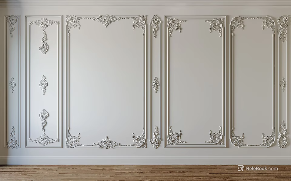 White Wainscoting With Decorative Lines And Wooden Flooring Interior Design 3d model 