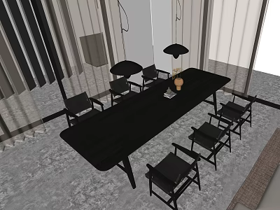 Modern Black Dining Table Set With Chairs And Vase In Bright Interior Space 3d model
