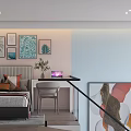 Modern Apartment Interior With Stairs TV Fridge Vanity And Tropical Tiles