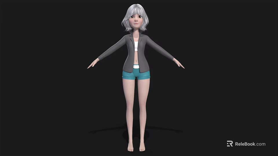 Woman with silver hair in gray jacket white top blue shorts barefoot on black background 3d model 