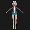 Woman with silver hair in gray jacket white top blue shorts barefoot on black background