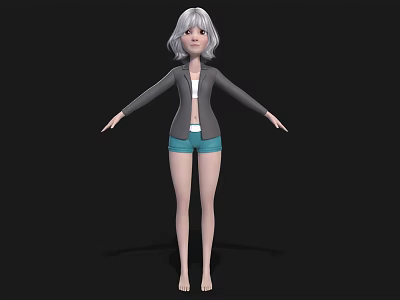 Woman with silver hair in gray jacket white top blue shorts barefoot on black background 3d model