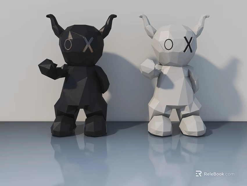 Black And White Geometric Figurines With Horns And X Eyes On Smooth Reflective Surface 3d model 