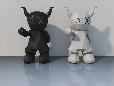 Black And White Geometric Figurines With Horns And X Eyes On Smooth Reflective Surface 3d model