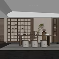 Modern Tea Room Interior With Wooden Shelves Tea Sets Stools And Potted Plant