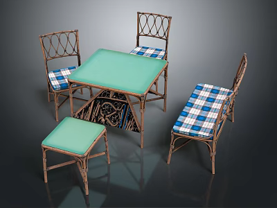 Rattan Dining Set with Green Tabletop Blue White Checkered Cushions Chairs and Stool 3d model