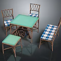 Rattan Dining Set with Green Tabletop Blue White Checkered Cushions Chairs and Stool