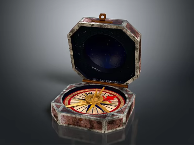 Decorative Ornament Set Featuring Open Vintage Box with Intricate Compass Design 3d model