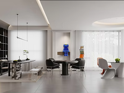 Modern Living Dining Room Interior Design With Dining Table Chairs Decorative Figurine Pendant Lights And Vertical Blinds 3d model