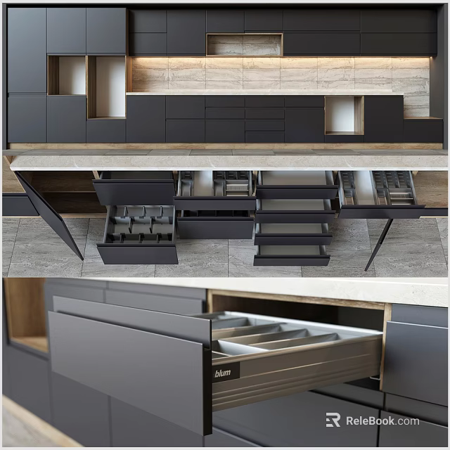 Modern Kitchen Cabinets With Open Drawers And Efficient Storage Design 3d model 