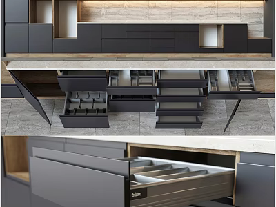 Modern Kitchen Cabinets With Open Drawers And Efficient Storage Design 3d model