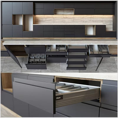 Modern Kitchen Cabinets With Open Drawers And Efficient Storage Design 3d model
