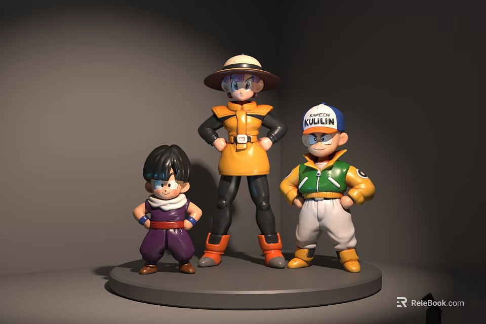 Three Anime Character Dolls In Colorful Outfits Standing On Round Display Platform 3d model 