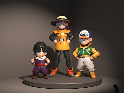 Three Anime Character Dolls In Colorful Outfits Standing On Round Display Platform 3d model